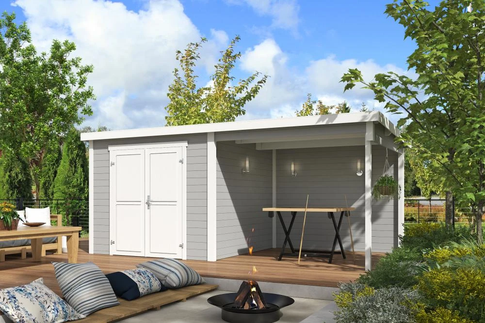 Outdoor Life Blokhut Lars met Overkapping Platinum Grey-Wit 500 x 250 cm - Afbeelding 1